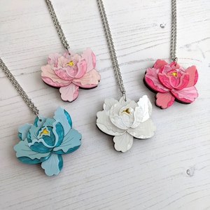 Peony Pendants/Necklace, laser cut, Perspex, Japanese inspired, floral, flower, acrylic, jewellery, jewelry, mothers day, gift, pre order