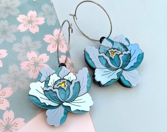 PRE ORDER Earrings (dangly & studs) Teal Peony, floral, Japanese peonies, flower, laser cut, acrylic. plastic, handmade, gift