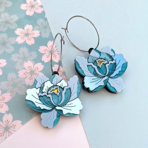 PRE ORDER Earrings (dangly & studs) Teal Peony, floral, Japanese peonies, flower, laser cut, acrylic. plastic, handmade, gift