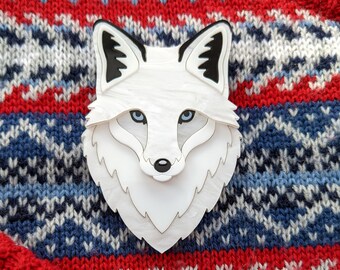 PRE ORDER Fox Brooch 'Winter', snow fox, arctic fox, festive, Christmas, laser cut, Perspex, acrylic,  gift, animal lover, nature, jewellery