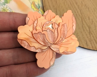 PRE ORDER Brooch Apricot Peony, laser cut, Perspex, Japanese inspired, floral, flower, acrylic, jewellery, jewelry, mothers day, gift