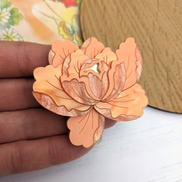 PRE ORDER Brooch Apricot Peony, laser cut, Perspex, Japanese inspired, floral, flower, acrylic, jewellery, jewelry, mothers day, gift