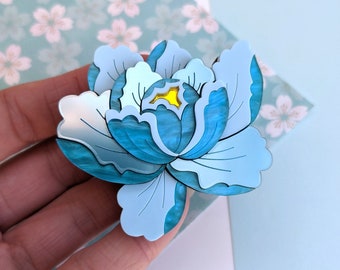 PRE ORDER Brooch Teal Peony, laser cut, Perspex, Japanese inspired, floral, flower, acrylic, jewellery, jewelry, mothers day, gift, blue