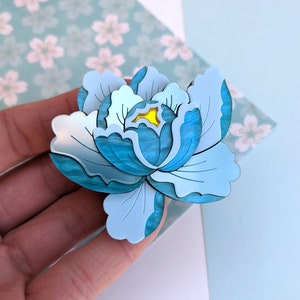 PRE ORDER Brooch Teal Peony, laser cut, Perspex, Japanese inspired, floral, flower, acrylic, jewellery, jewelry, mothers day, gift, blue