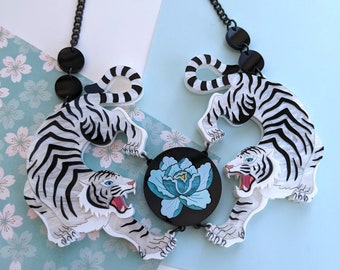 PRE ORDER Necklace Statement Double White Tiger, byakko, peony, peonies, fierce, laser cut, acrylic, plastic jewellery, Japanese inspired