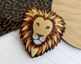 PRE ORDER Lion Brooch, leo, big cat, gold, statement, king, feline, big cat, laser cut, animal lover, handmade, acrylic