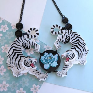 PRE ORDER Necklace Statement Double White Tiger, byakko, peony, peonies, fierce, laser cut, acrylic, plastic jewellery, Japanese inspired