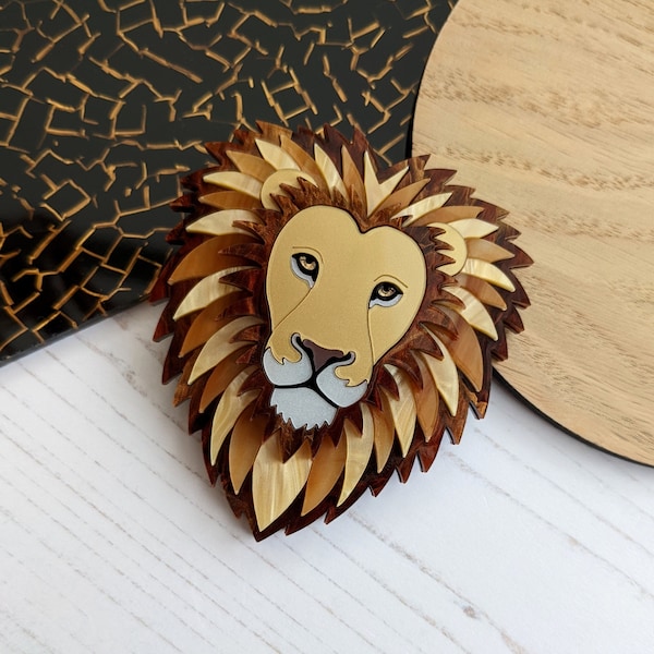 PRE ORDER Lion Brooch, leo, big cat, gold, statement, king, feline, big cat, laser cut, animal lover, handmade, acrylic