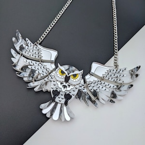 PRE ORDER Necklace Statement Owl 'Snowy', animal love, retro, silver, folk art, wings, bird, laser cut, magic, contemporary