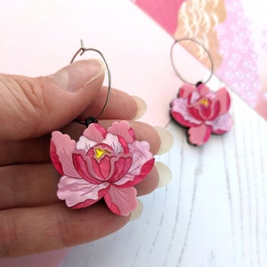 PRE ORDER Earrings (dangle & studs) Bright Pink Peony, floral, Japanese peonies, flower, pink, laser cut, acrylic, plastic, handmade, gift