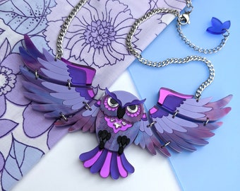 PRE ORDER Necklace Statement Owl, 'Midnight', animal love, retro, purple folk art, Halloween, wings, bird, laser cut, contemporary