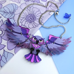 PRE ORDER Necklace Statement Owl, 'Midnight', animal love, retro, purple folk art, Halloween, wings, bird, laser cut, contemporary