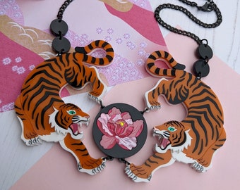 PRE ORDER Necklace Statement Double Tiger, peony, peonies, fierce, laser cut, acrylic, plastic jewellery, floral, Japanese inspired, big cat