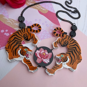 Necklace Statement Double Tiger, peony, peonies, laser cut, acrylic jewelry, plastic jewellery, Japanese inspired, big cat acrylic jewellery