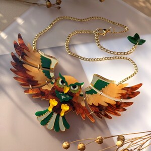 PRE ORDER Necklace Statement Owl, 'Forest', woodland, animal love, retro, gold, folk art, faux tortoiseshell, bird, laser cut, contemporary image 6