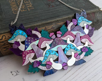 PRE ORDER Necklace Aurora Mushrooms, statement, bib, purple, iridescent, magenta, fairy tale, toadstools, shrooms, acorns, stainless steel