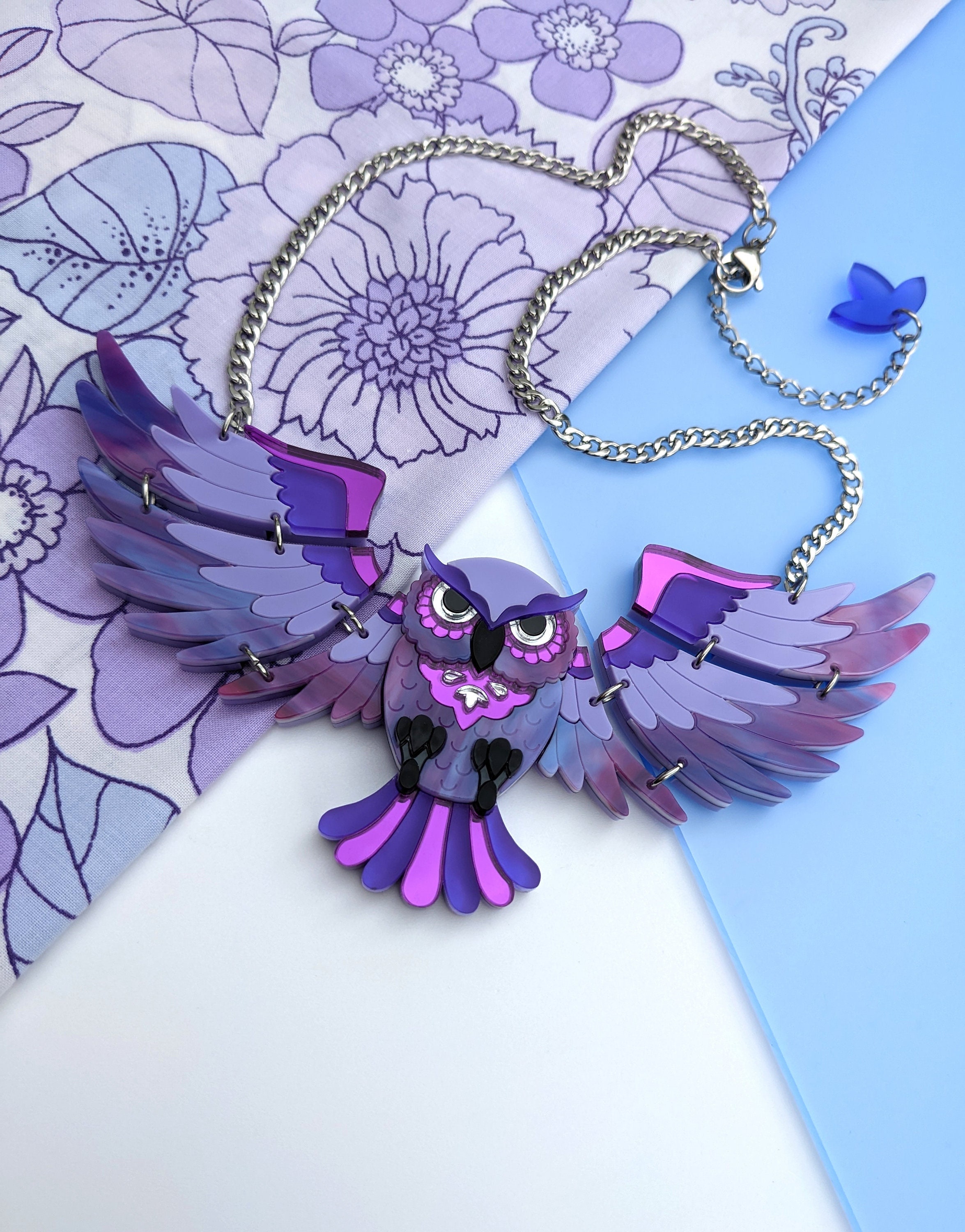 Necklace Statement Owl, 'Midnight', animal love, retro, purple folk art, Halloween, wings, b