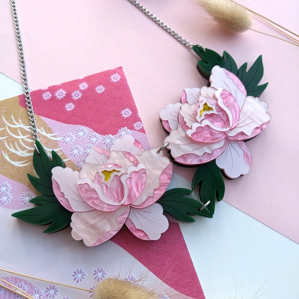 Necklace Delicate Pink Peony, Statement, vibrant, Japanese inspired, floral, flower, jewellery, mothers day, valentines, acrylic jewelry