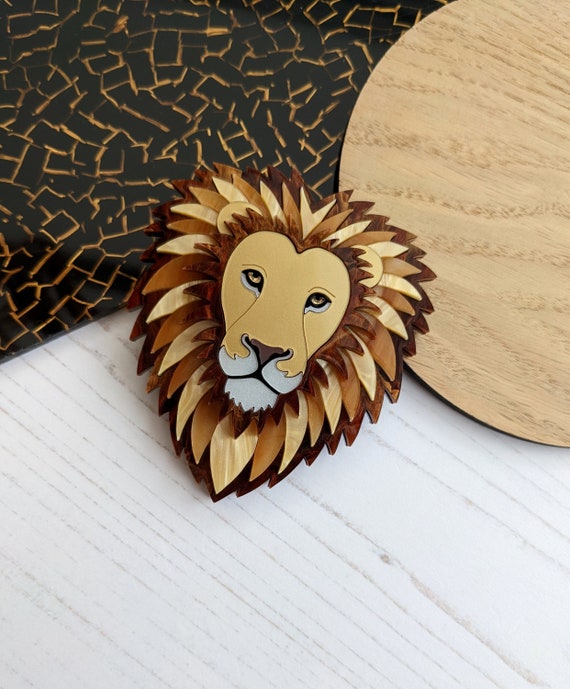 Wooden lion sale brooch