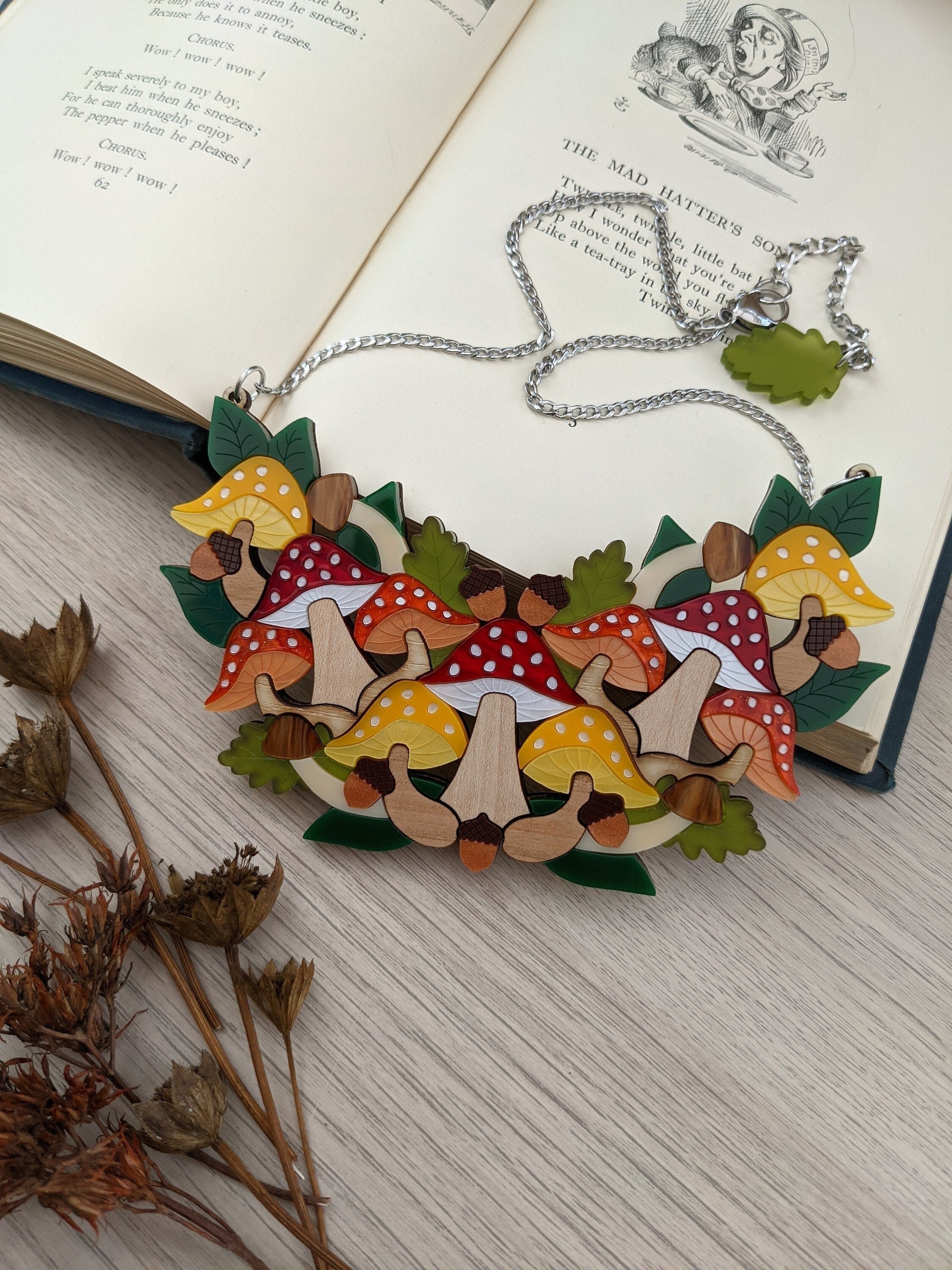 Necklace Autumn Toadstool, Bib, yellow, red, orange, fairy tale, wood…