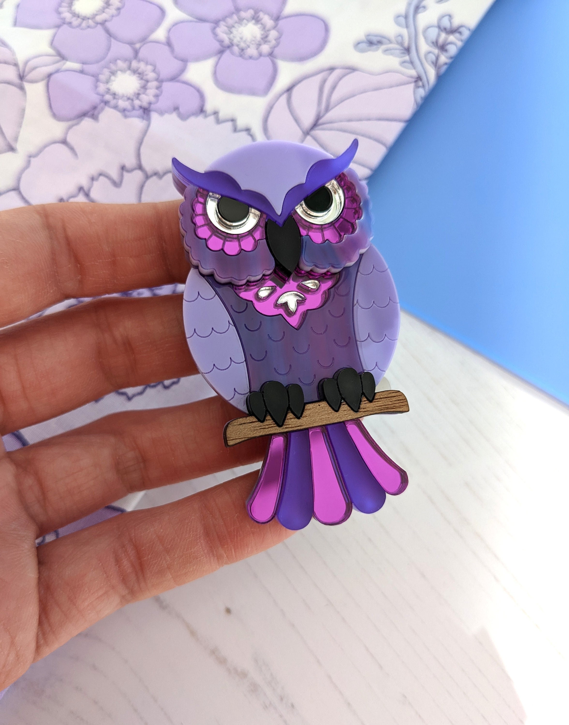 Brooch Owl, 'Midnight', hand made, bird, walnut wood, purple, Halloween, retro, laser cut, P
