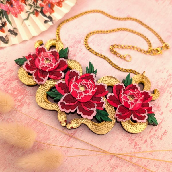 3 Colours! Necklace Snakes & Florals, Lunar year of the snake, Chinese new year, floral, peony jewellery, acrylic jewelry, statement