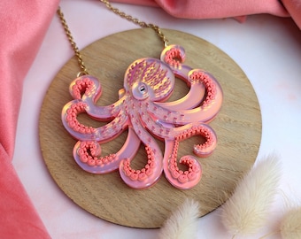 2 Colours! Octopus Necklace, iridescent, colour shifting, acrylic necklace, acrylic jewelry, jewellery, sea creature, laser cut, kraken