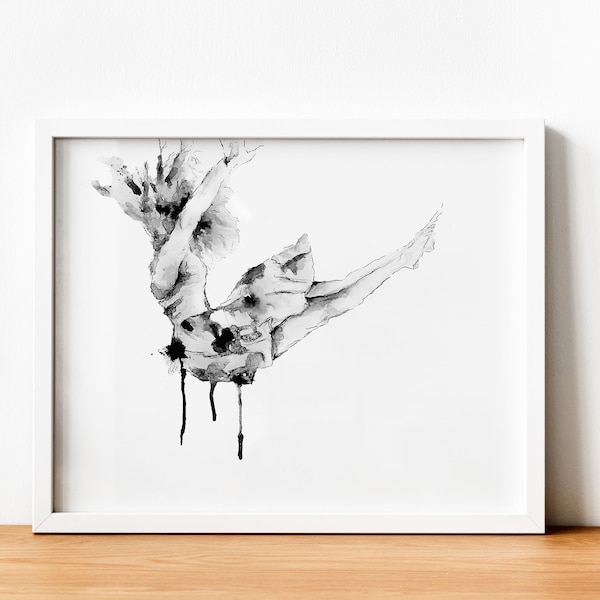 Limitierter Kunstdruck - Free Falling #1, Fine Art Print, Illustration, Aquarell, Tusche, schwarz weiß, Wandkunst, Grafik, Druck, Zeichnung