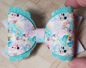 Mouse Friends Hair Bow, Easter Bow, Faux Leather Bow, Tie Dyed Bow, Girls Hair Clip, Gift for Girl, Easter Basket Filler