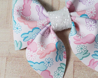 Marshmallow Bunny Bow, Easter Bow, Sailor Bow, Spring Bow, Faux Leather Bow, Gifts for Girls, Toddler Hair Clip, Easter Basket Filler