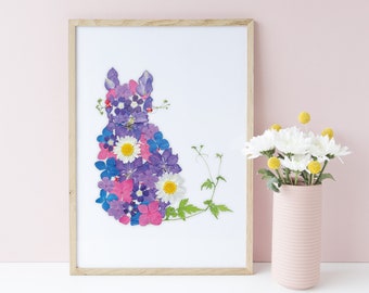Impresión digital de gato con flores prensadas, amante de los gatos, póster de gato - Decoración, A4, A5, 8x10