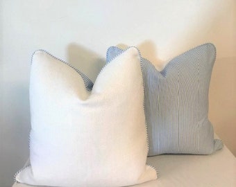 Decorative Cushion Cover | Throw Pillow | Accent Pillow - White Belgium Linen backed with Blue & White Striped Cotton