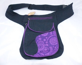 Hawanja sac banane noir avec tissu à motifs violet