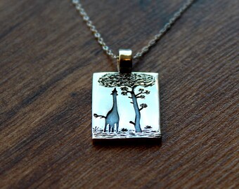 Sterling silver giraffe pendant-Giraffe eating leaves-Reach your goals-African animal-Giraffe and the tree on Savanna-Geniue Giraffe pendant