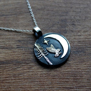 Silver owl pendant-Owl at night time necklaces -Hunting owl-Crescent moon tree and owl-Birds lovers gift-Night hunting bird-Wise owl pendant