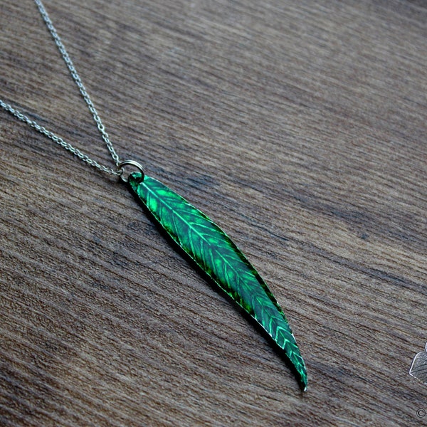 Weeping willow leaf pendant-Sterling silver leaf necklaces-Leaf colored by alcohol inks and cover with resin-Nature lovers gift-Green leaf