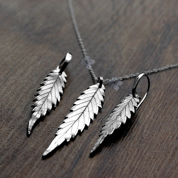 Pendentif feuille de marijuana en argent sterling et boucles d'oreilles pendantes-Ensemble feuille de cannabis-Collier feuille de mauvaise herbe-Ensemble marijuana unique-Parfait comme petit cadeau