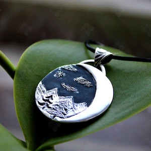 Sterling silver pendant with mountain tree & crescent moon design-Nature inspired silver pendant-Nature lover&#39;s silver pendant-Boho Necklace