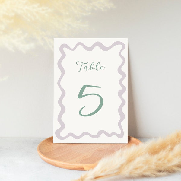 Table number wedding table sign, playful modern desing, wavy scalloped boarder, handwritten style, fully editable digital download template