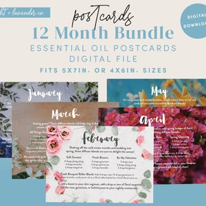 May include: A digital download of 12-month essential oil postcards. The postcards are designed to fit 5x7 inch or 4x6 inch sizes. Each postcard features a month with essential oil blend recipes and floral designs.