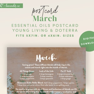 Może przedstawiać: Cyfrowa pocztówka z napisem "March" w czcionce skryptowej. Pocztówka zawiera przepisy na mieszanki olejków eterycznych ze składnikami takimi jak szałwia, trawa cytrynowa i mięta pieprzowa. Dostępna w rozmiarach 12,7x17,8 cm i 10,2x15,2 cm.