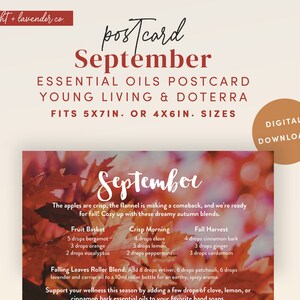 May include: A digital postcard with a fall theme featuring a blurry image of autumn leaves in shades of red, orange, and yellow. The text on the postcard reads "September Essential Oils Postcard Young Living & Doterra Fits 5x7in. or 4x6in. Sizes Digital Download!" and lists essential oil blends for the month of September.