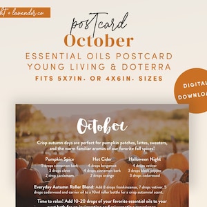 Può includere: Download digitale di una cartolina di oli essenziali di ottobre con un mix di spezie di zucca, sidro caldo e notte di Halloween. La cartolina misura 12,7x17,8 cm o 10,2x15,2 cm e include un elenco di oli essenziali e le loro quantità per ogni miscela.