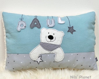 Coussin câlin « SNOWBÄR » coussin de bébé ours polaire personnalisé avec nom appliqué garçon fille unisexe étoiles nom coussin cadeau naissance baptême