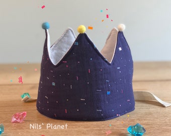 Birthday crown fabric crown muslin blue glitter confetti colorful children birthday crown baby girl boy unisex