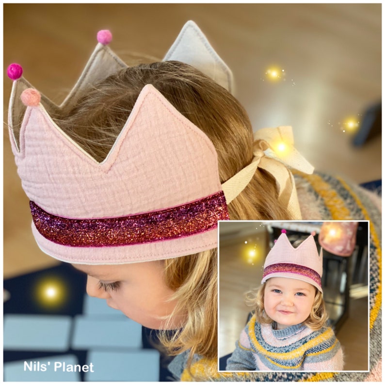 Geburtstagskrone Musselin beige Schimmer Glanz unisex oder girls Filzbommel Geburtstag Bild 7