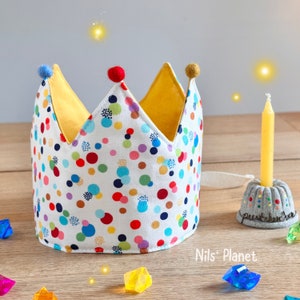 Corona di compleanno di coriandoli corona di stoffa pois giallo senape colorato blu ghiaccio corona di compleanno per bambini corona neonato unisex palline di feltro