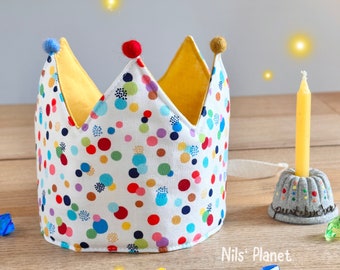 Konfetti Geburtstagskrone Stoffkrone Punkte bunt senfgelb eisblau Kinder Birthday Krone Crown Baby unisex Filzkugeln