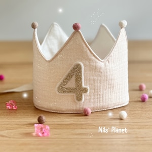 Corona di compleanno in mussola beige brillante unisex o per bambine con pompon in feltro per compleanno