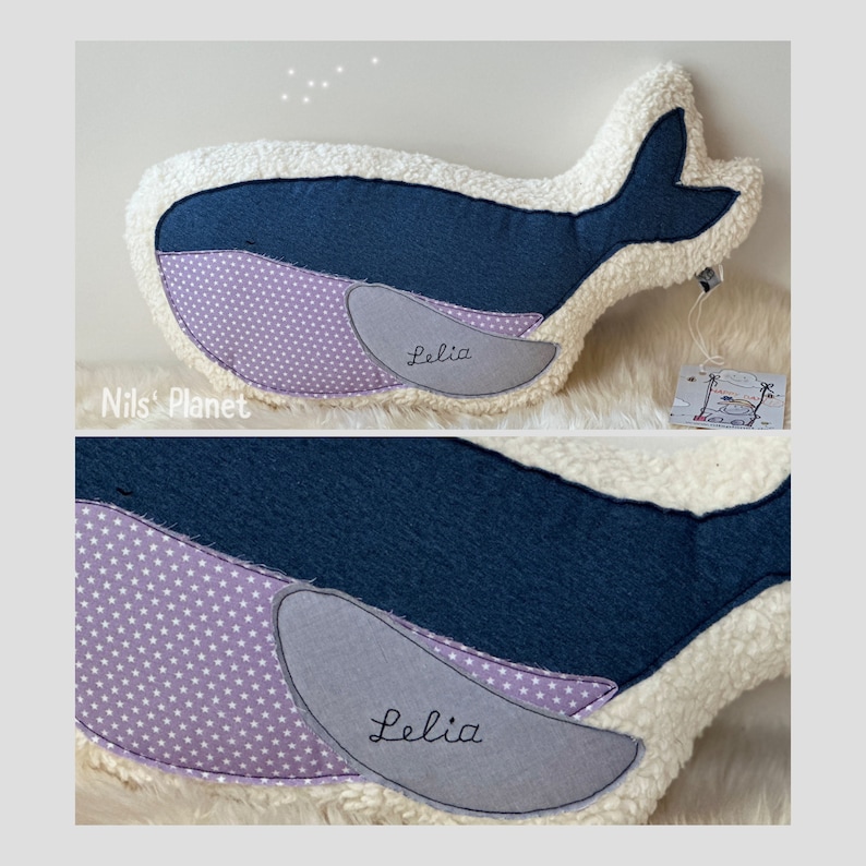 Kuscheltierkissen WAL Matteo, blau Wal Wunschname Sternchen mit Name personalisierter Meer Bio-Plüsch Junge Mädchen Baby Geschenk Deko Bild 4